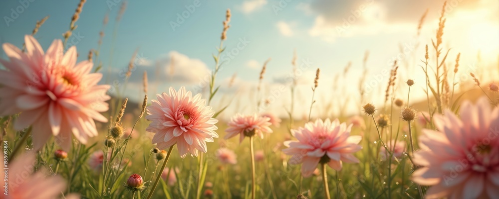 Obraz premium Pink dahlias bloom in sunlit meadow with wispy grass under blue sky. Soft petals, golden hour light. Floral nature scene perfect for wedding or summer themes.
