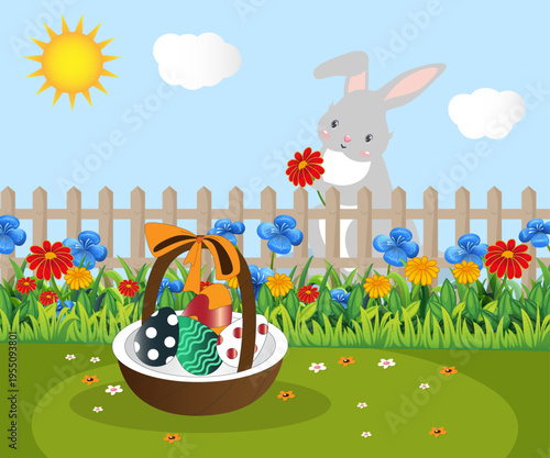 A hare with a red flower looks at a basket of Easter eggs. A courtyard with flowers.