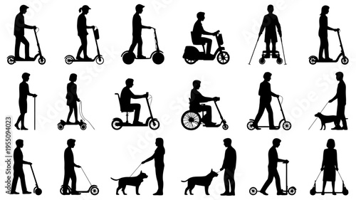 People Riding Various Mobility Scooters Outdoors.
