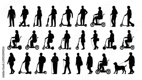 People riding scooters in various poses.
