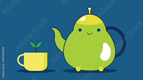 Vector art of a charming cartoon illustration of a pearshaped teapot and a cup with a sprout