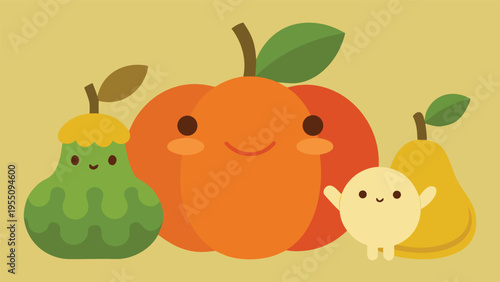 Vector art of cute cartoon fruits illustration featuring a pumpkin, pears, and a small round fruit, perfect for childrens books and educational materials
