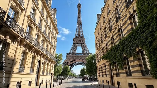 Iconic Parisian street leading towards the magnificent Eiffel Tower under a clear blue sky