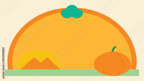 Vector art of autumnal scene with pumpkin patch, mountains, and a whimsical cloud, creating a charming and inviting seasonal illustration