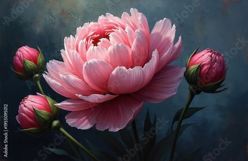 Close-up oil painting of big pink peony flower with buds. Dark moody background contrasts with delicate petals. Floral art for cards or wallpaper designs.