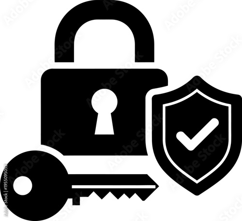 Silhouette of a secure lock with shield and key