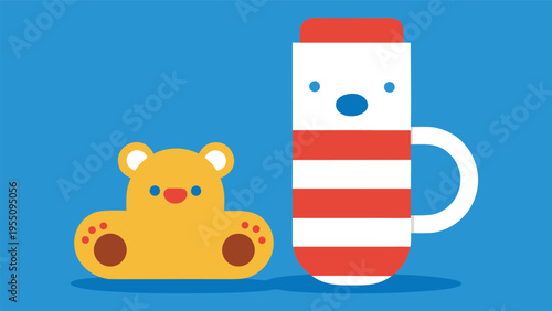 Vector art of a delightful illustration of a yellow bear and a striped red and white cup on a bright blue background, creating a playful scene
