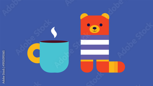 Vector art of a cheerful illustration of a blue cup of coffee and a cute orange bear wearing a striped shirt on a vibrant blue background