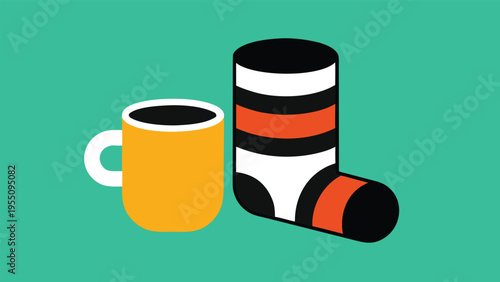 Vector art of cozy morning scene featuring a yellow mug and a striped sock, perfect for a relaxing start to the day with warm vibes