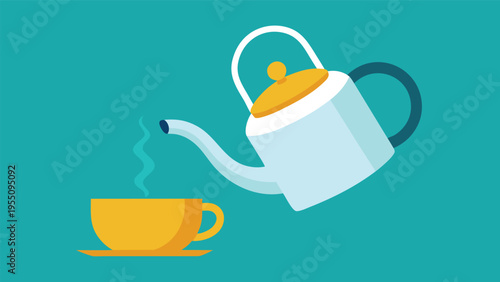 Vector art of pouring hot tea from a white teapot into a yellow cup, creating a warm and inviting scene for relaxation