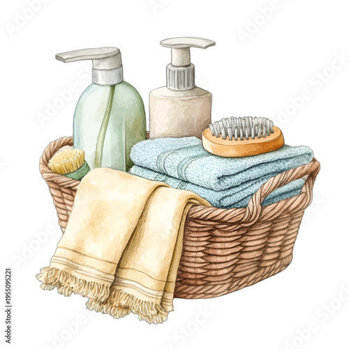 Watercolor illustration of bath essentials in a wicker basket with towels