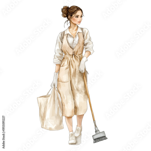 Watercolor illustration of professional cleaning woman with broom and bag