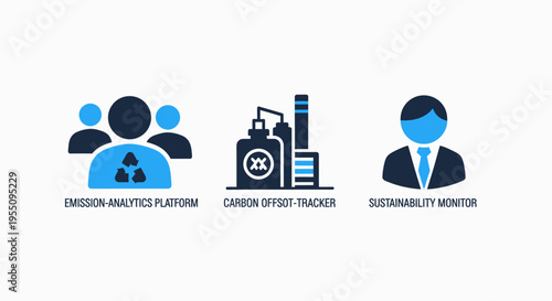 Corporate social responsibility icons depicting community recycling, industrial sustainability, and ethical business leadership for environmental initiatives