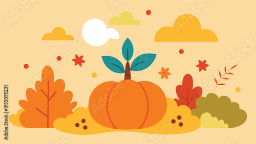 Vector art of a vibrant autumn vector illustration showcasing a pumpkin with leaves, surrounded by colorful foliage, clouds, and stars on a beige backdrop