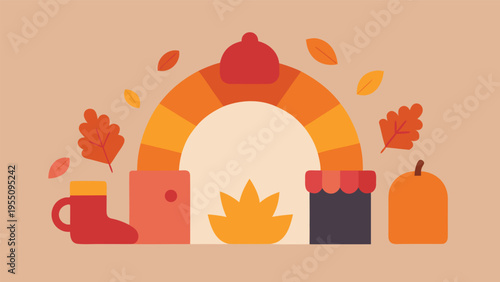 Vector art of a cozy autumn vector illustration featuring a fireplace, mug, leaves, and other seasonal elements on a beige background, perfect for fall