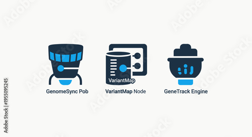 Advanced biotechnology icons featuring gene sequencing, laboratory mixing, and genetic tracking engines, representing molecular biology and scientific research