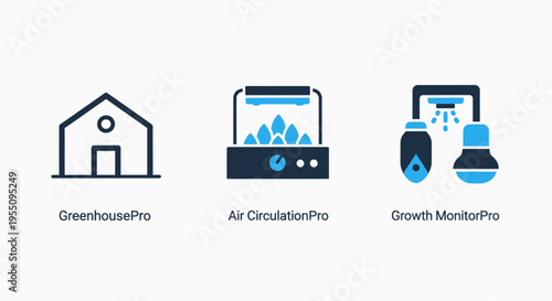 Smart agriculture icons displaying greenhouse, air culture, and hydroponic systems, symbolizing advanced farming technology and sustainable plant cultivation