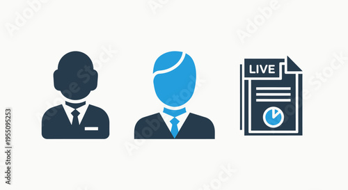 Live data reporting and business presentation icons featuring abstract professional figures and a document with real-time analytics