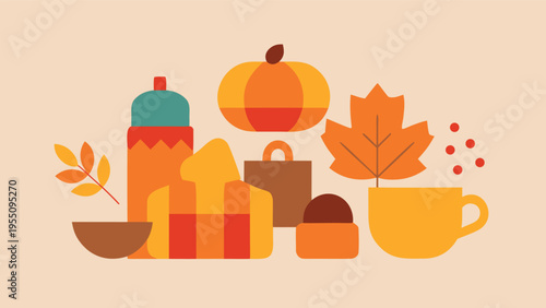 Vector art of cozy autumn still life with pumpkin, maple leaf, hot drink, and gifts in warm colors on a beige background