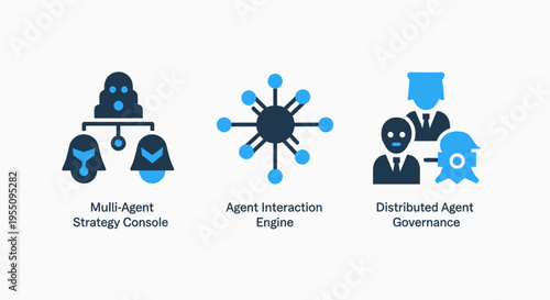 Multi-agent system icons representing strategy cascade, agent interaction engine, and governance for AI and automation