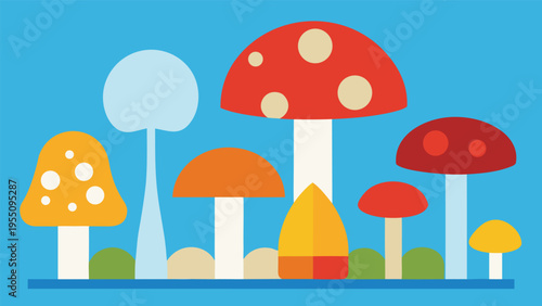 Vector art of collection of colorful mushrooms with different shapes and sizes on a blue background in flat vector style