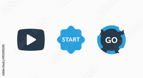 Digital call-to-action icons: play button, start button, and go button for user interface and web design