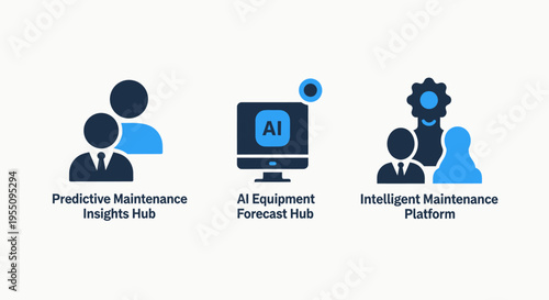 Smart maintenance technology icons: predictive insights, AI equipment forecast, and intelligent platform concepts