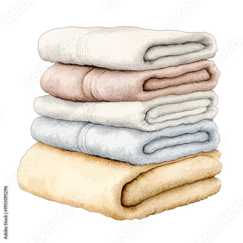 Watercolor stack of folded cotton bath towels in pastel colors isolated