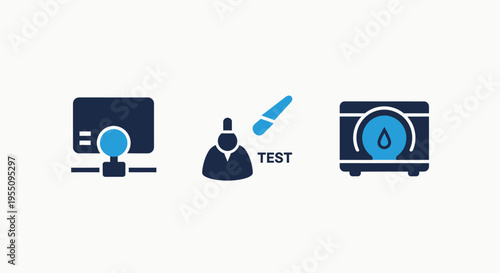 Technology testing icons for quality assurance: network server, dropper test, and performance gauge monitoring concepts