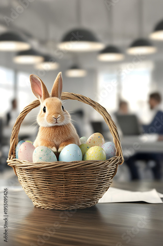 Easter rabbit and basket full of colorful Easter eggs on the business office desk with laptops, papers and businessmen in the background. Concept of Easter celebration in business environment.