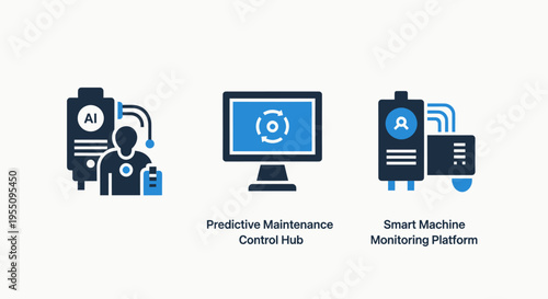 Predictive maintenance control hub and smart machine monitoring platform icons for industrial iot and AI systems