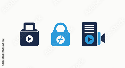Modern data security and media access icons featuring lock, play, and forbidden symbols for digital content management and privacy control