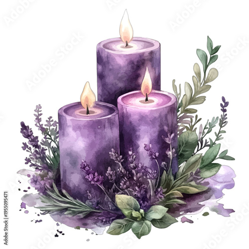 Watercolor purple lavender scented candles with lit flames on white