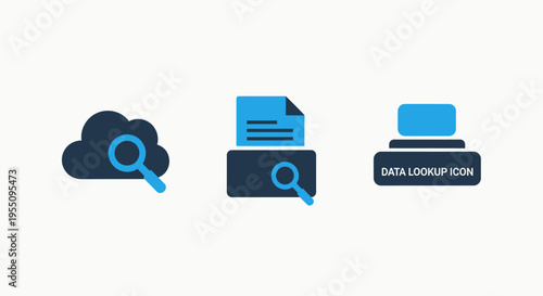 Data search and lookup icons for cloud information retrieval, document analysis, and comprehensive database inquiries in digital systems