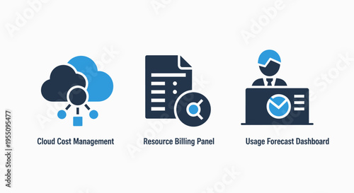 Cloud cost management and usage forecast dashboard icons for business finance optimization and resource billing analytics for modern enterprises