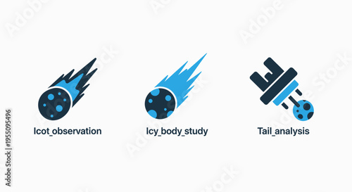 Astronomy and space science icons depicting comet observation, icy body study, and celestial tail analysis for educational and research use