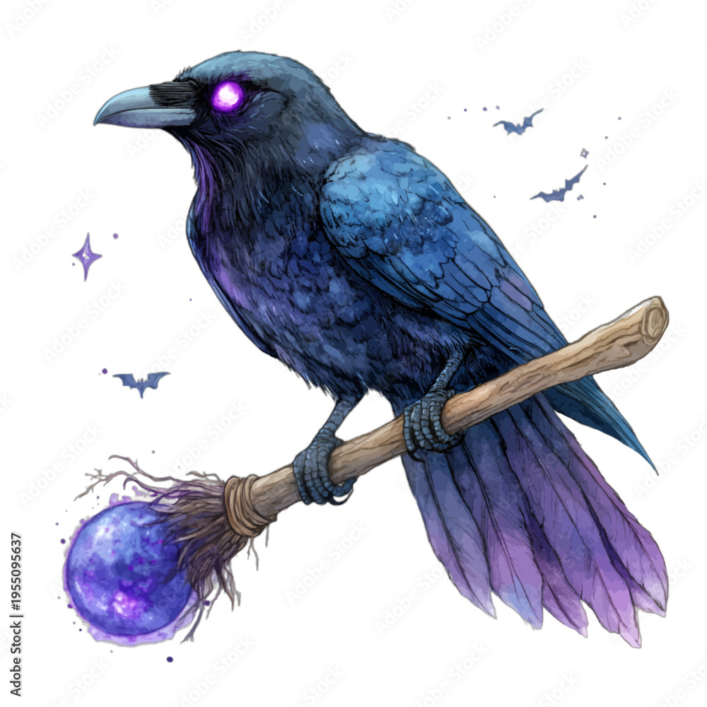 Fototapeta premium Watercolor spooky purple raven with glowing eyes perching on crystal broom