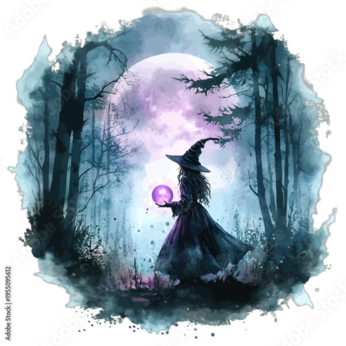 Watercolor spooky witch in moonlit forest holding a glowing crystal ball