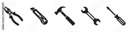 Hand Tools Icon Set, Black Silhouette Pliers Hammer Wrench and Screwdriver. Vector Illustration.