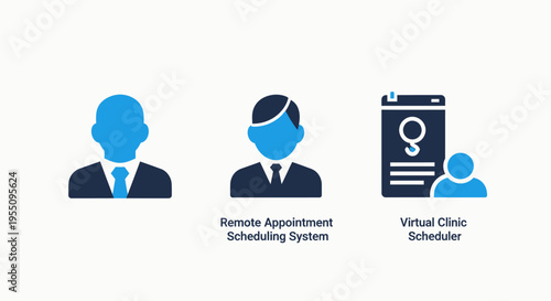 Remote appointment scheduling and virtual clerk system icons: online booking, calendar management, and digital assistant services for business efficiency