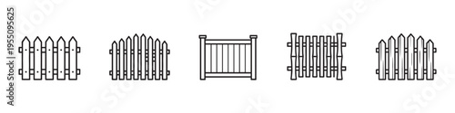 Garden Fence Icon Set, Linear Wood and Bamboo Fencing Illustration. Vector Illustration.
