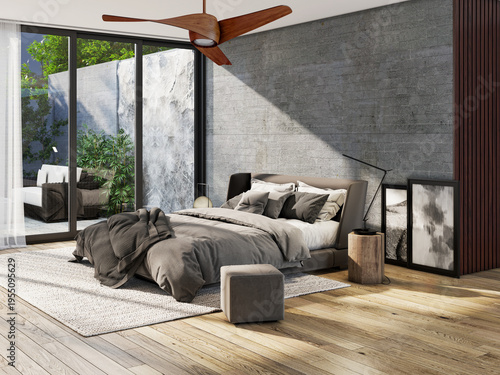 Large illustration 3D rendering luxury modern bright interiors Living room mockup with Couch and Ceiling Fan Ventilation