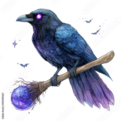 Watercolor spooky purple raven with glowing eyes perching on crystal broom