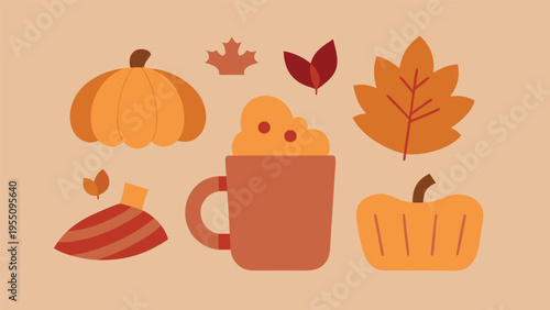 Vector art of a cozy autumn scene with pumpkins, leaves, and a mug of pumpkin spice latte, perfect for fallthemed designs and seasonal promotions