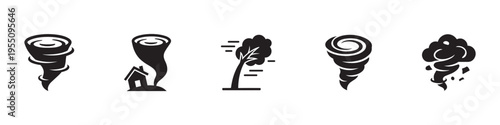Tornado and Weather Hazards, Black Silhouette Storm and Wind Disaster Icons. Vector Illustration.