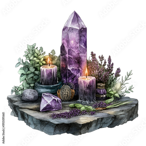Watercolor mystical purple altar with amethyst crystals and candles on floating rock
