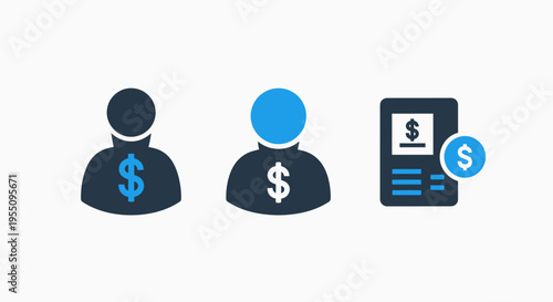 Financial person and document icons representing wealth, earnings, cost, payment, and business transactions