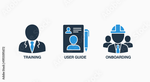 Employee training, user guide, and onboarding icons for human resources and new staff integration
