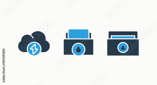 Energy management and resource monitoring icons: cloud power, fuel levels, and temperature control for industrial and environmental systems