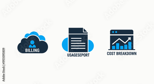 Cloud financial management and analytics icons: billing, usage report, and cost breakdown for business operations and expense tracking